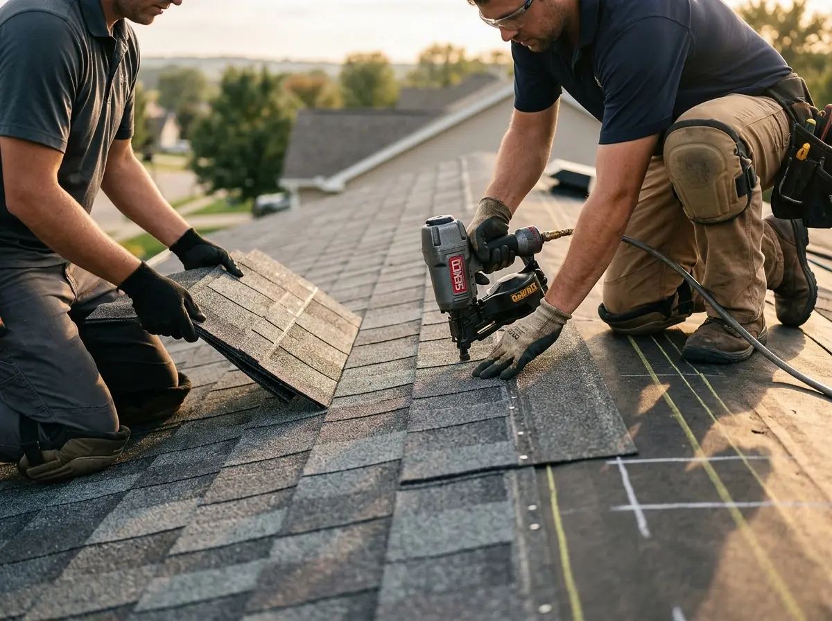 Professional roofer working on a residential roof in Pleasant Grove